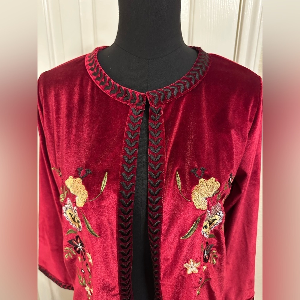 Parory Red Velvet Embroidered Open Front Cardigan Jacket Size 10 M Floral - Picture 4 of 13